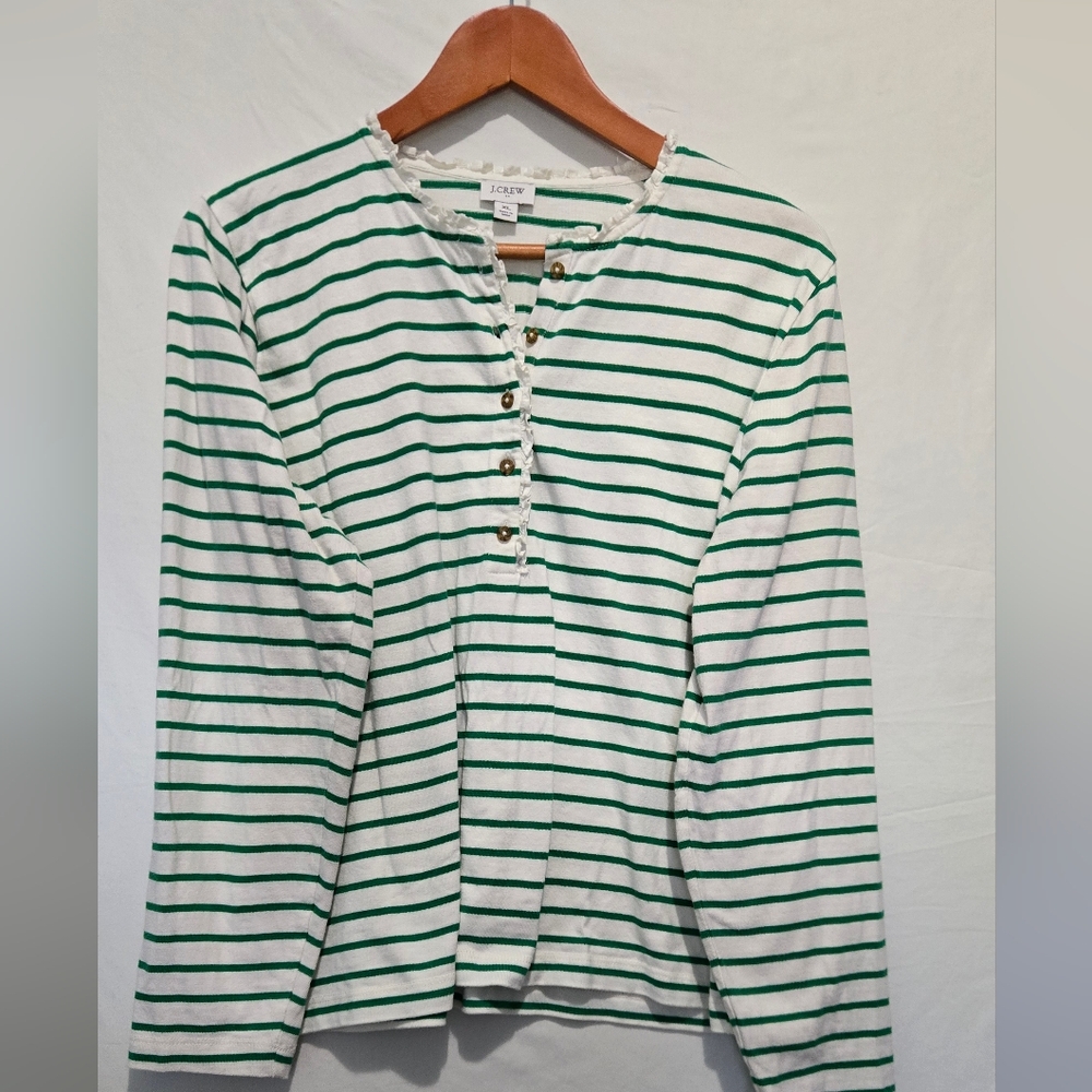 XL J. Crew Green & Cream Striped Women's  Henley Top Long Sleeve Ruffles GUC